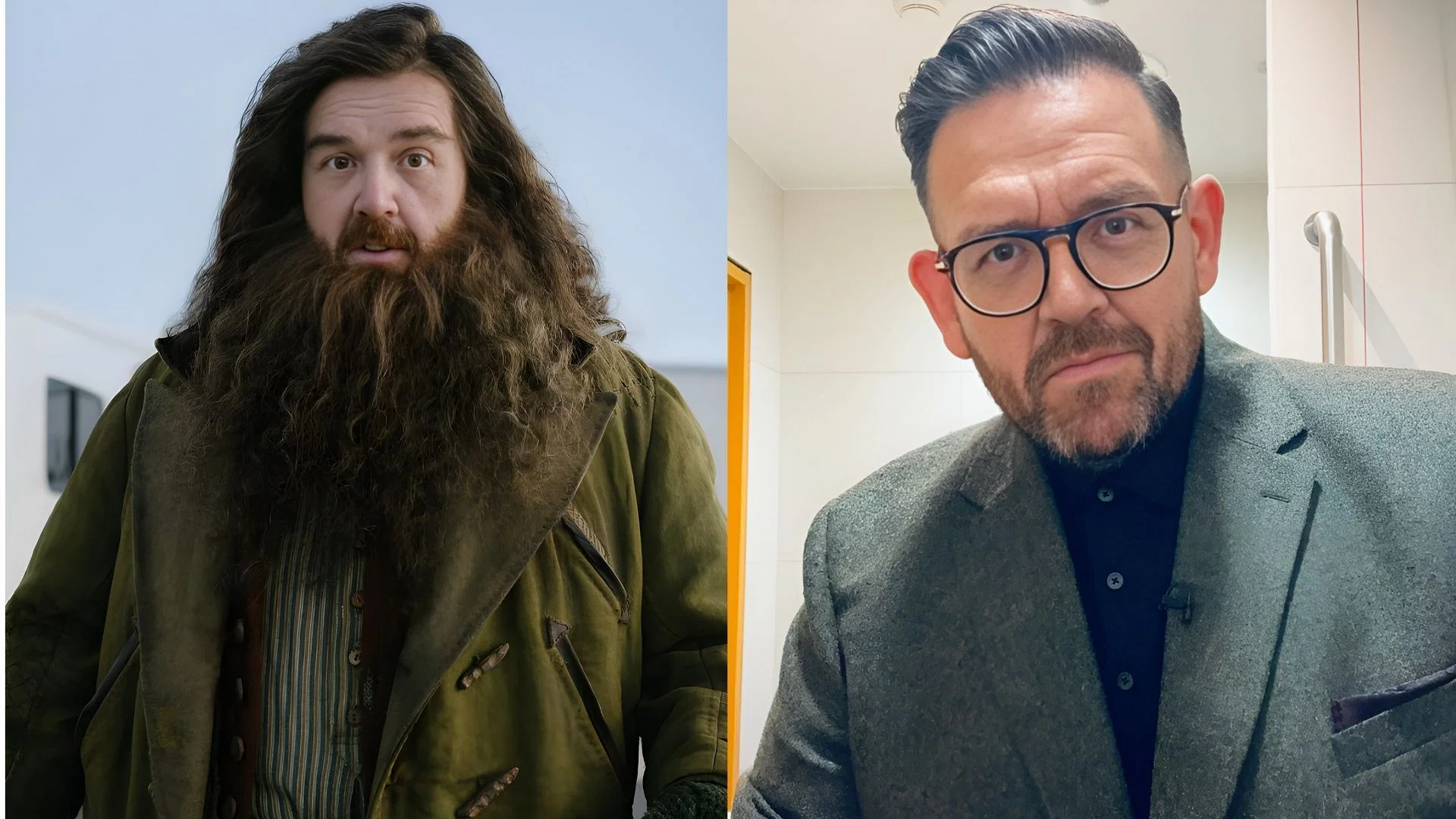 Split image showing Nick Frost in costume as Rubeus Hagrid with a thick brown beard and green coat on the left, and the actor out of costume wearing glasses and a blazer on the right.