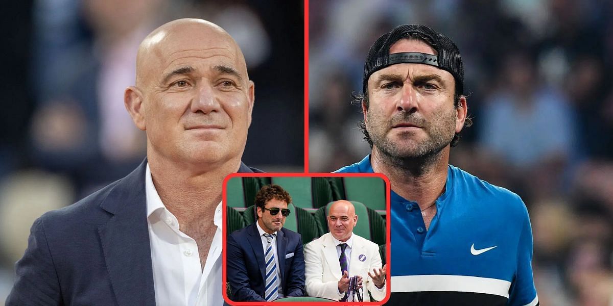 Andre Agassi (left), Justin Gimelstob (right), Justin Gimelstob and Andre Agassi (bottom inset), Sources: Getty