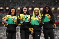 Briana Williams, Elaine Thompson-Herah, Shelly-Ann Fraser-Pryce, and Shericka Jackson at the Tokyo Games - Source: Getty