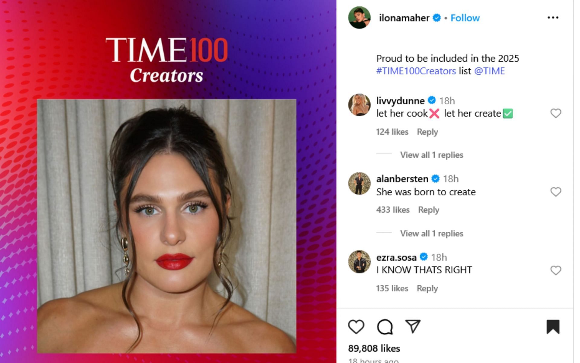 Screenshot of Alan Bersten, Olivia Dunne and Ezra Sosa’s comments. Credits - IG/ ilonamaher