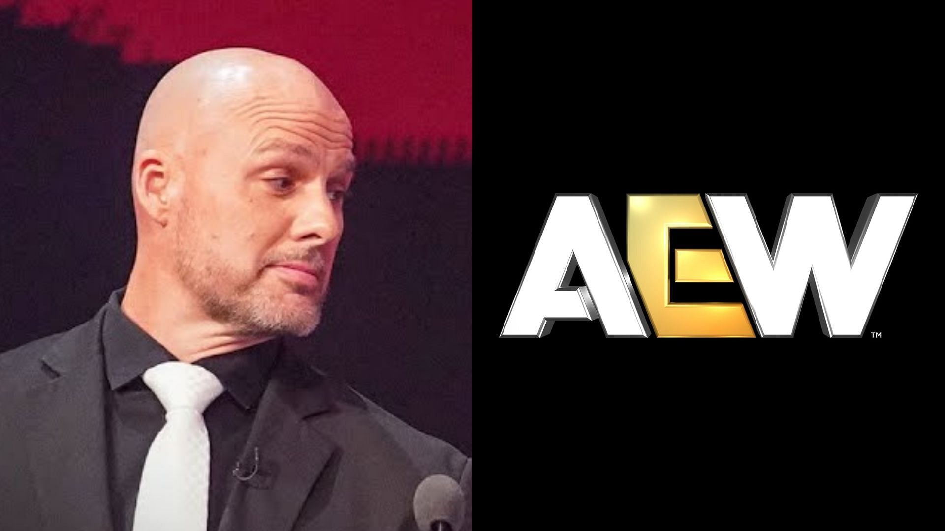 Adam Pearce (left) and AEW logo (right). (Image credits: WWE YouTube channel &amp; AEW Facebook page)