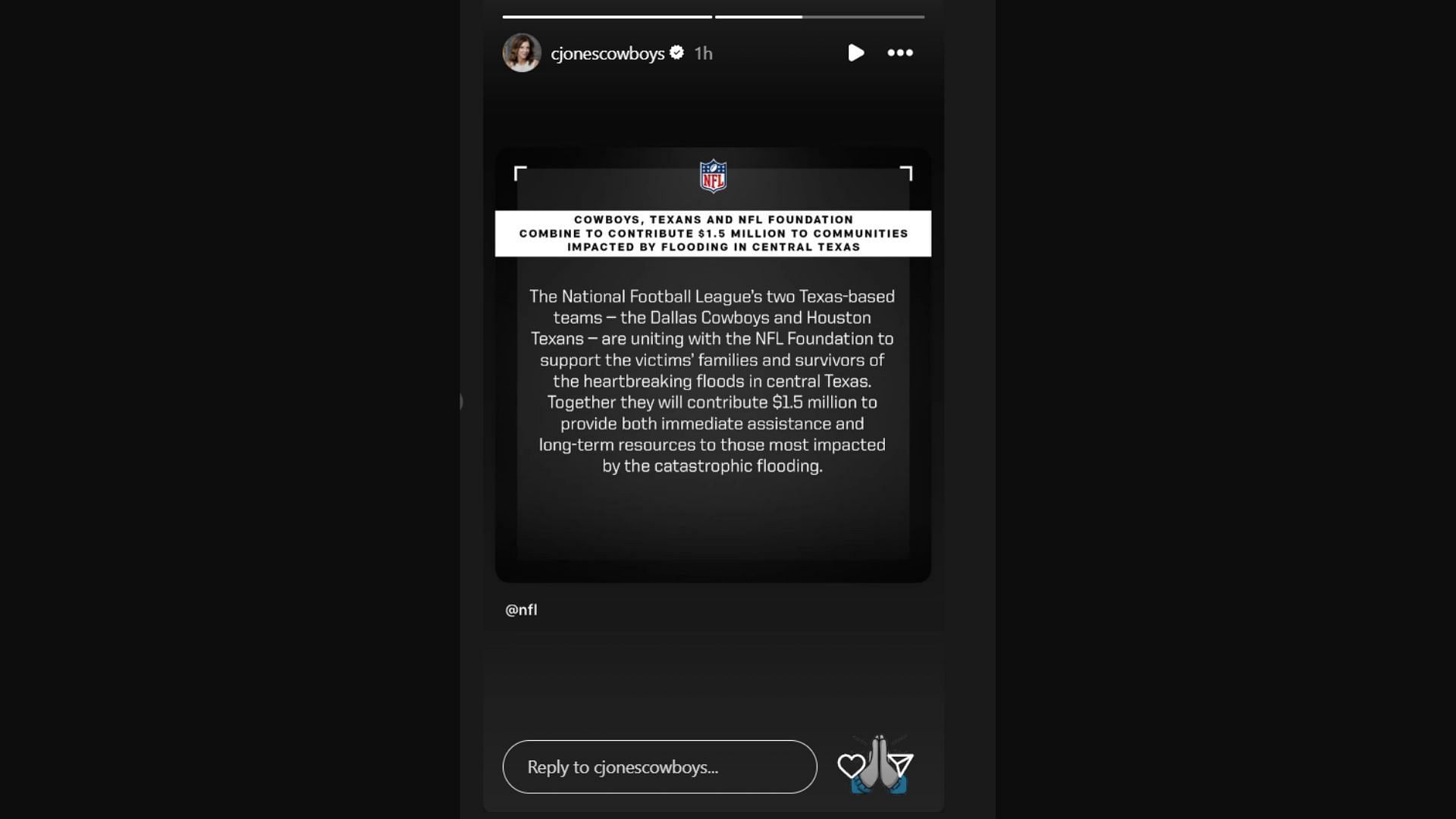 A filha de Jerry Jones, Charlotte, Cowboys, Texans e NFL Foundation, se une como uma doação para doar US $ 1,5 milhão (IG/Cjonescowboys)