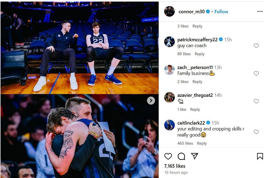 Patrick McCaffery hypes big brother Connor McCaffery&#039;s IG post. Image via @connor_m30
