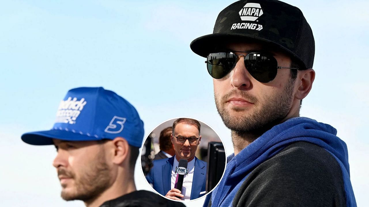 A side-by-side image of (Left) Los Angeles, CA - February 04: Drivers Kyle Larson, left, and Chase Elliott, right, speak to the media prior to practice for the NASCAR Busch Light Clash at the Los Angeles Memorial Coliseum in Los Angeles on Saturday, Feb. 4, 2023. (Photo by Will Lester/MediaNews Group/Inland Valley Daily Bulletin via Getty Images); Broadcast announcer and Nascar legend Kevin Harvick smiles before the NASCAR Cup Series Autotrader EchoPark Automotive 400 on April 14, 2024 at Texas Motor Speedway in Fort Worth, TX. (Photo by Chris Leduc/Icon Sportswire via Getty Images)