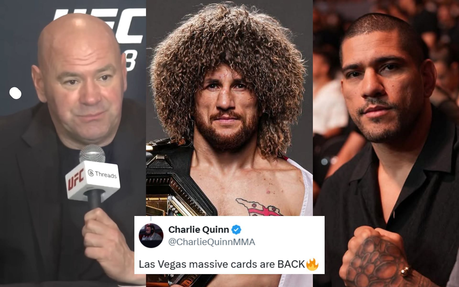 Dana White (left) announced massive fight card involving Merab Dvalishvili (center) and Alex Pereira (right). [Images courtesy: UFC on YouTube, @merab.dvalishvili and @alexpoatanpereira on Instagram]