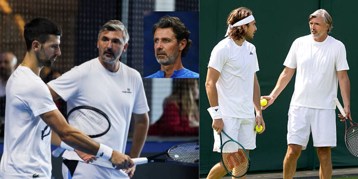 Novak Djokovic and Stefanos Tsitsipas with Goran Ivanisevic, Patrick Mouratoglou (in square) -Image Source: Getty