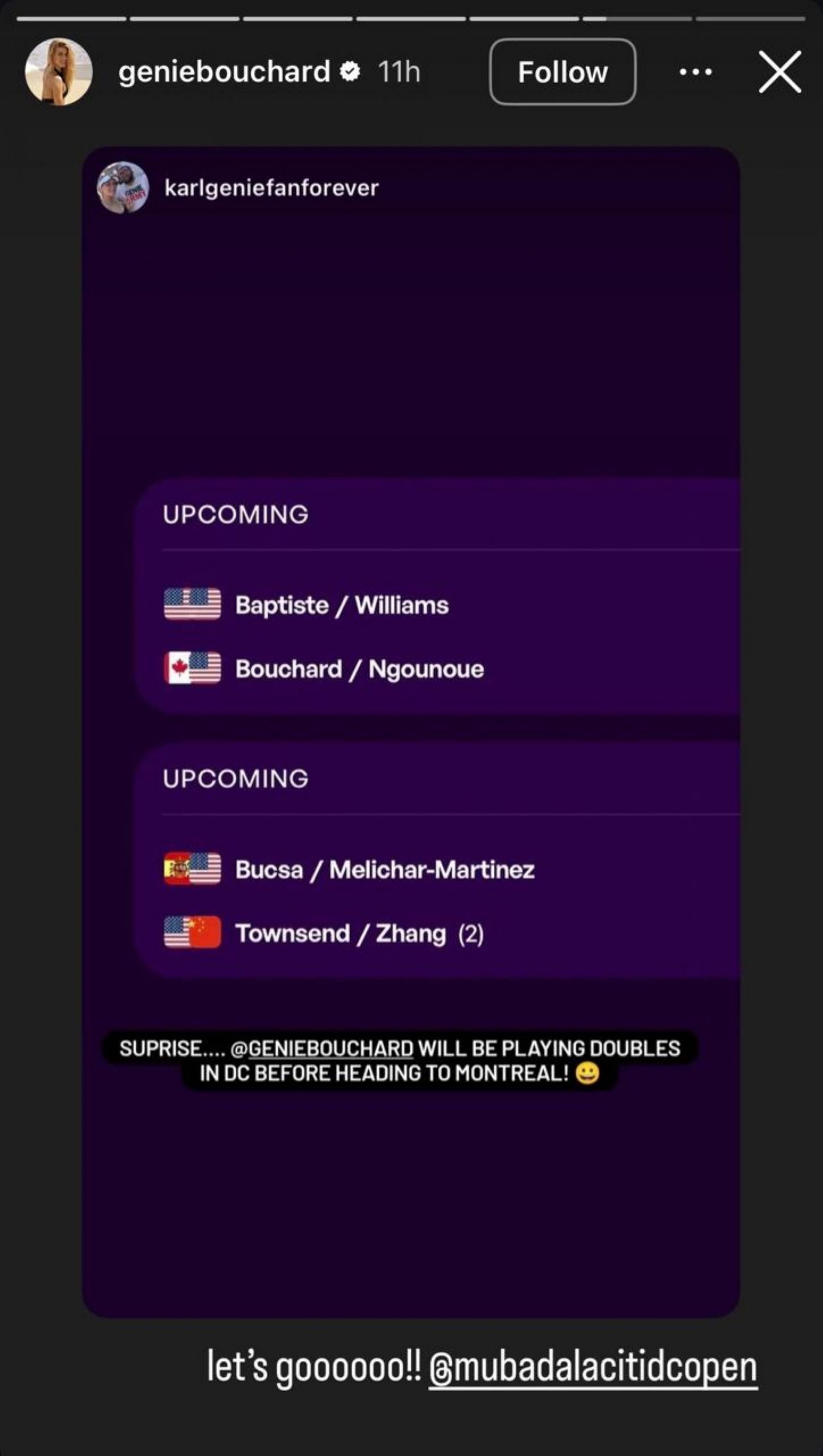 Eugenie Bouchard announces her next tennis stint; Instagram - @geniebouchard