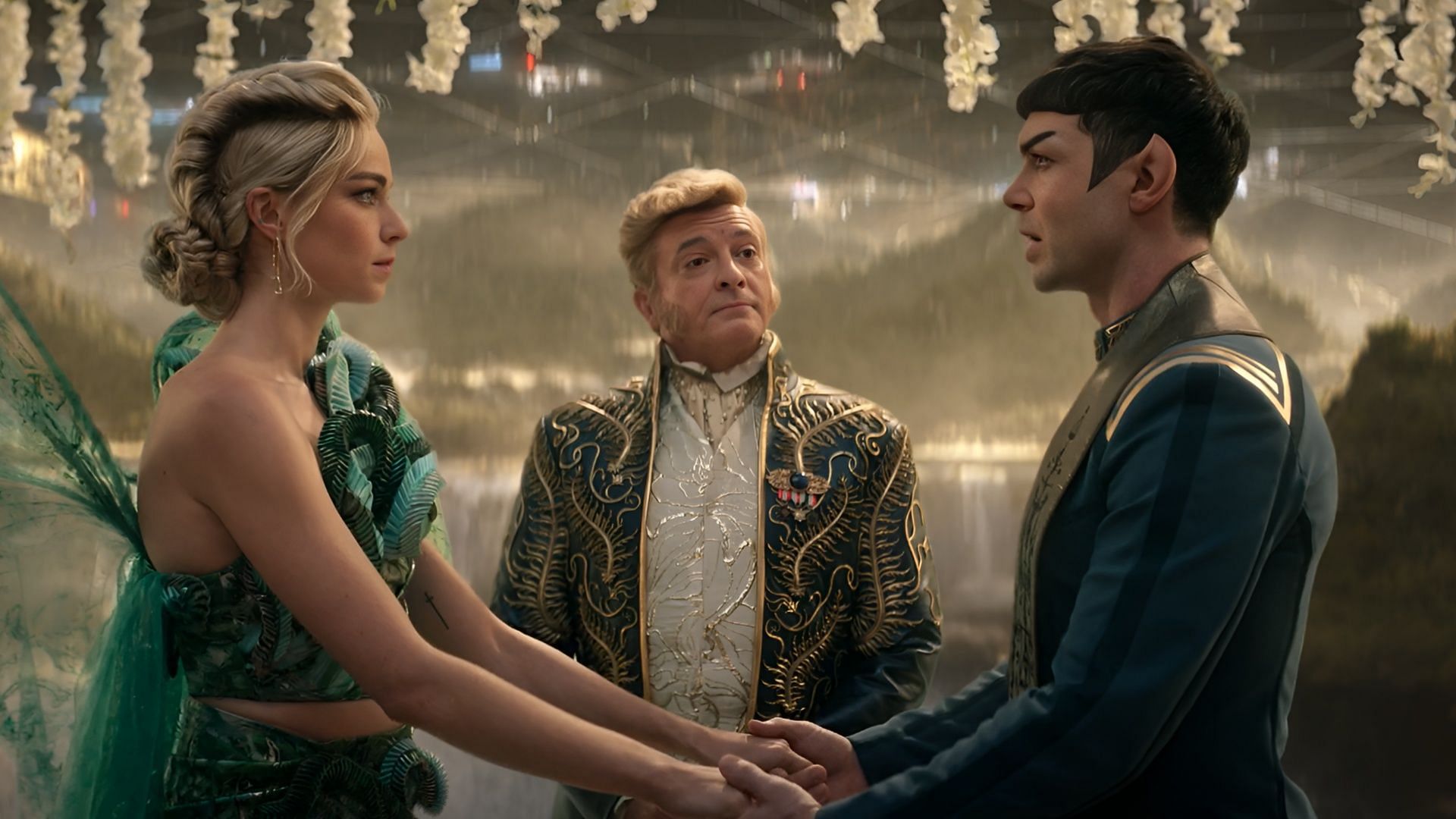Spock confronts his emotions and delivers a heartfelt speech to help Chapel break free from Trelane&rsquo;s illusion in Star Trek: Strange New Worlds season 3. (Image via Paramount+)