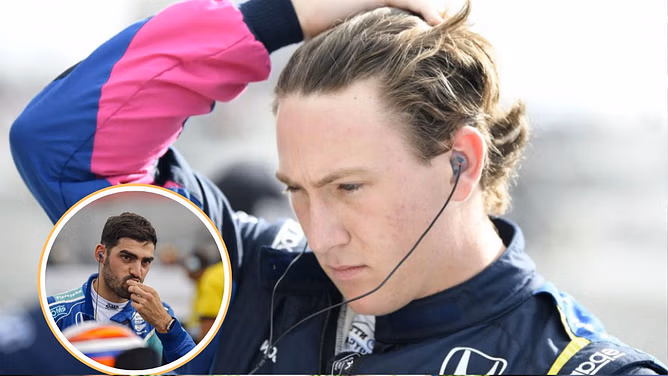 Rinus Veekay reacts to Kyffin Simpson grazing his Dale Coyne crew member's foot during IndyCar Mid-Ohio race