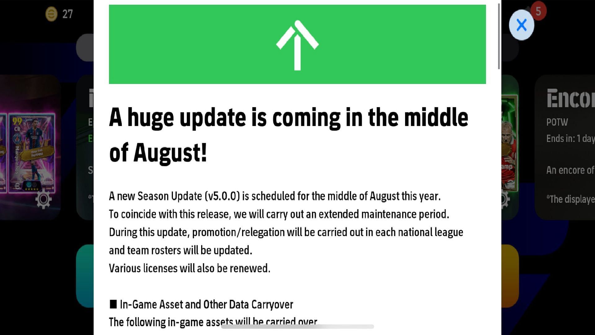 Konami announced the big eFootball update mid-August 2025 with an in-game mail (Image via Konami)