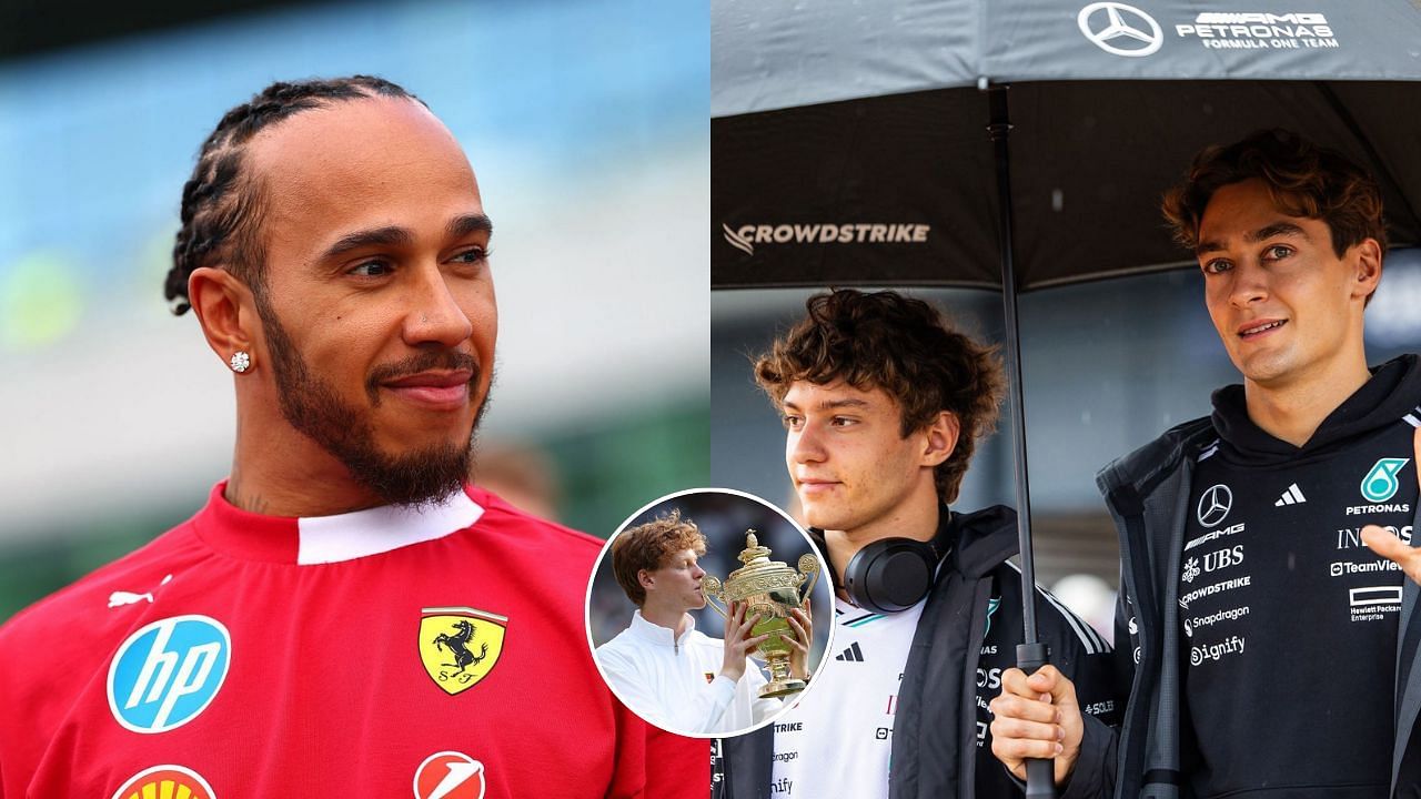 Lewis Hamilton, George Russell and Kimi Antonelli congratulate Jannik Sinner on Wimbledon triumph. [Images via Getty]