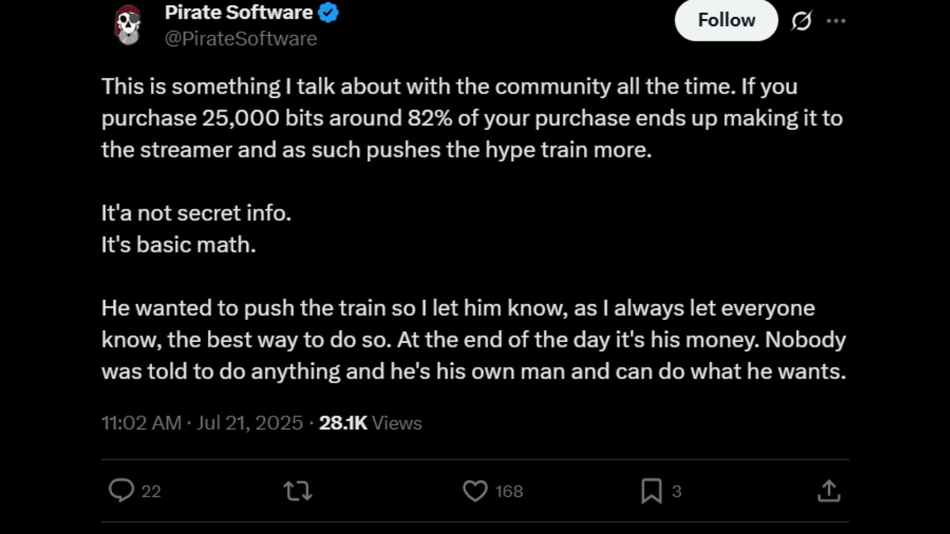 Pirate Software claims his moderator had made the donations for his Subscriber Hype Train on his own accord (Image via PirateSoftware/X)