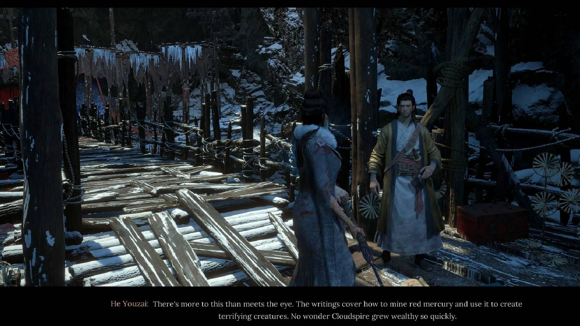 Hand over the Mad Doctor&#039;s Research Notes to He Youzai in Wuchang: Fallen Feathers Cloudspire (Image via 505 Games || YouTube@Gamer&#039;s Little Playground)