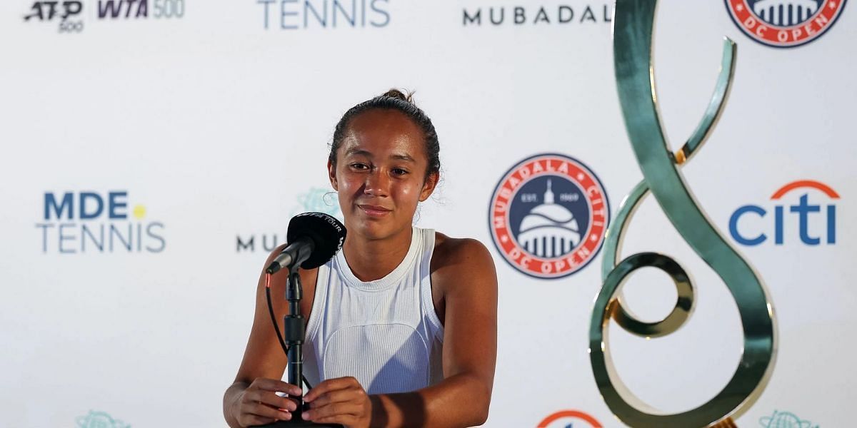 Leylah Fernandez at a press conference after winning the women