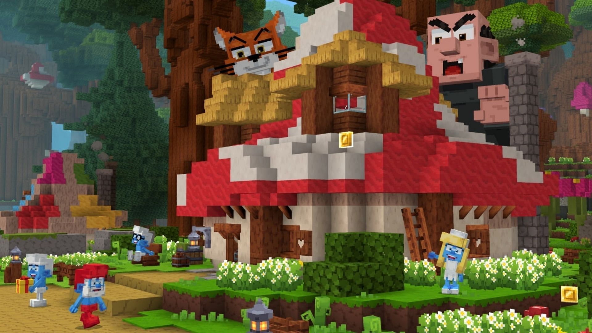 The Minecraft x Smurfs add-on contains an array of unique structures and interactive minigames for players to enjoy (Image via Sportskeeda Gaming || Mojang Studios)