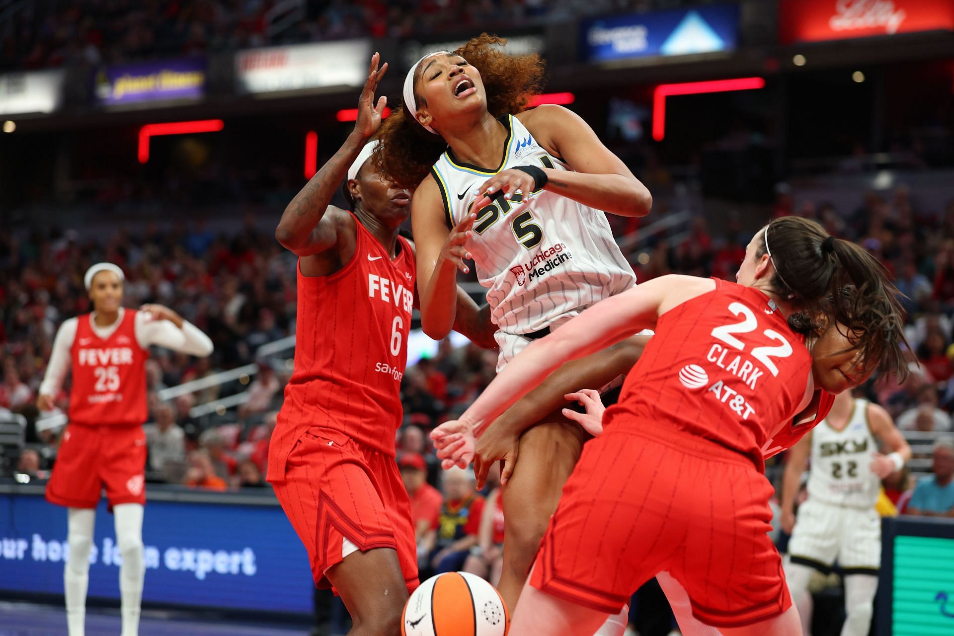 Reese #5 of the Chicago Sky battles against Caitlin Clark #22 of the Indiana Fever at Gainbridge Fieldhouse on May 17, 2025 in Indianapolis, Indiana. - Source: Getty