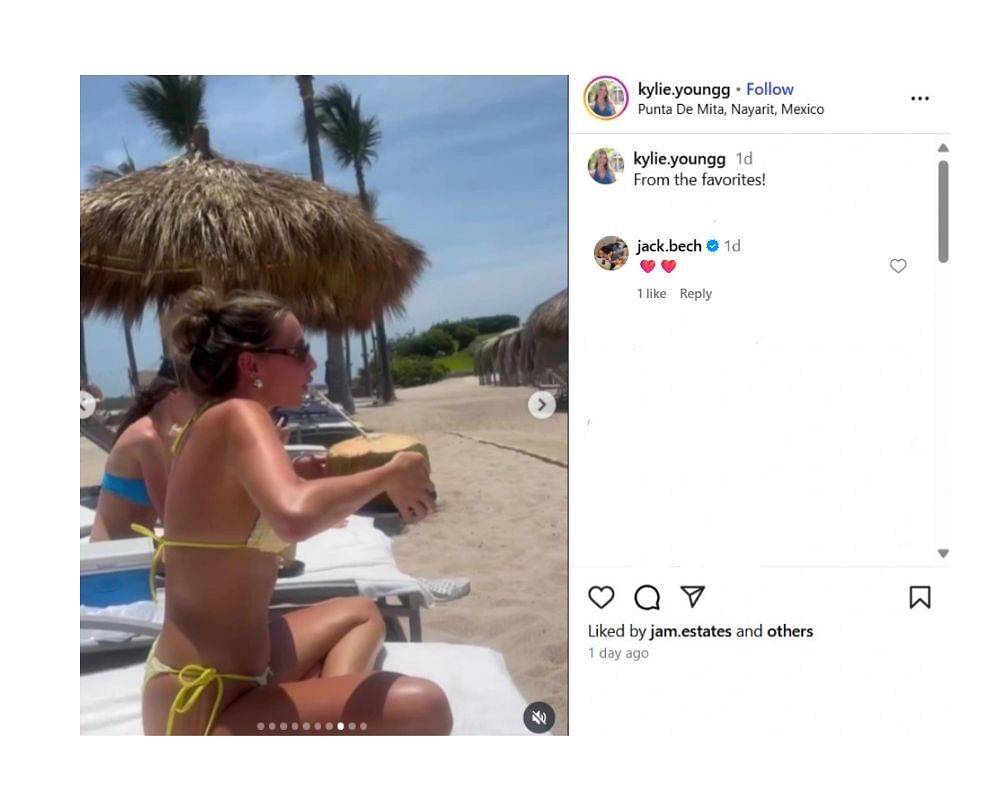 Raiders WR Jack Bech reacts as GF Kylie Young cools off with coconut water during all-girls Mexican getaway [IG/@kylie.youngg]