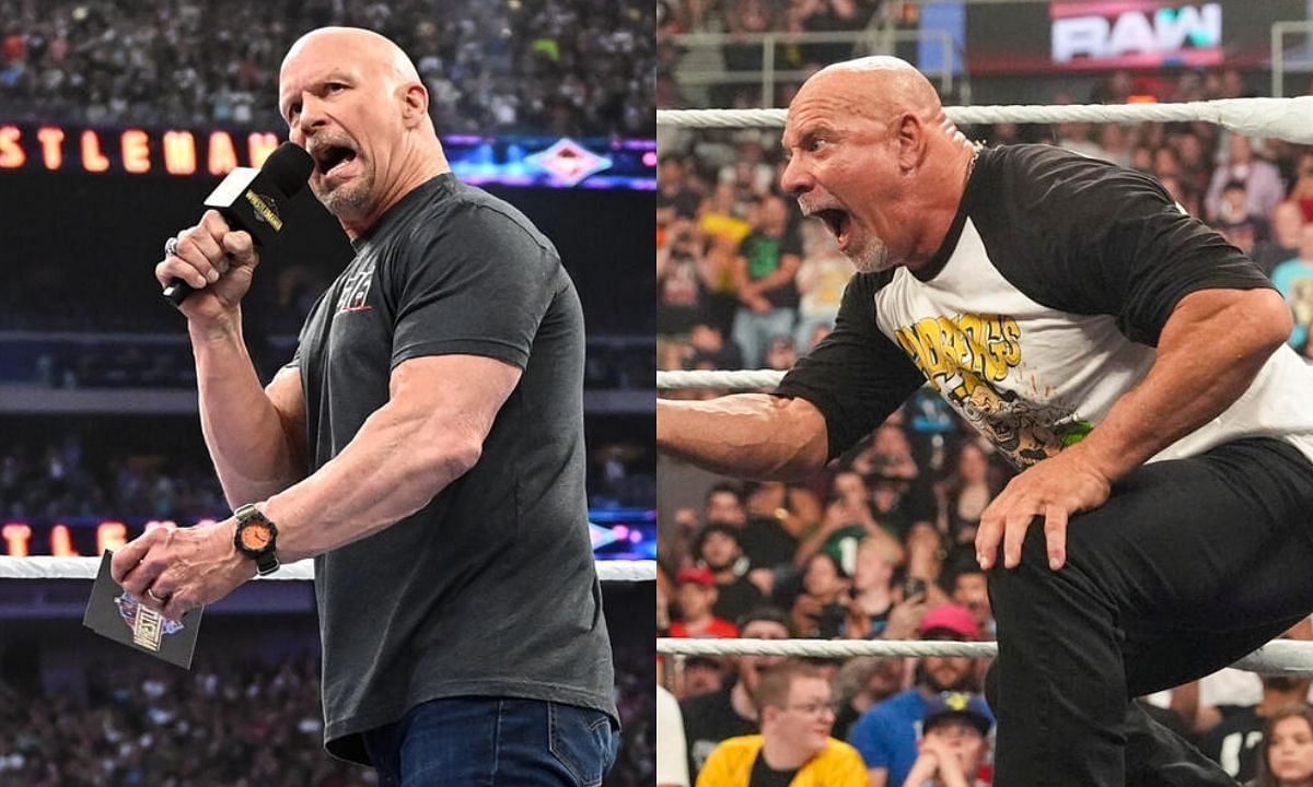 WWE legends, Stone Cold Steve Austin (L) and Goldberg (R). [Photo credit: WWE.com]