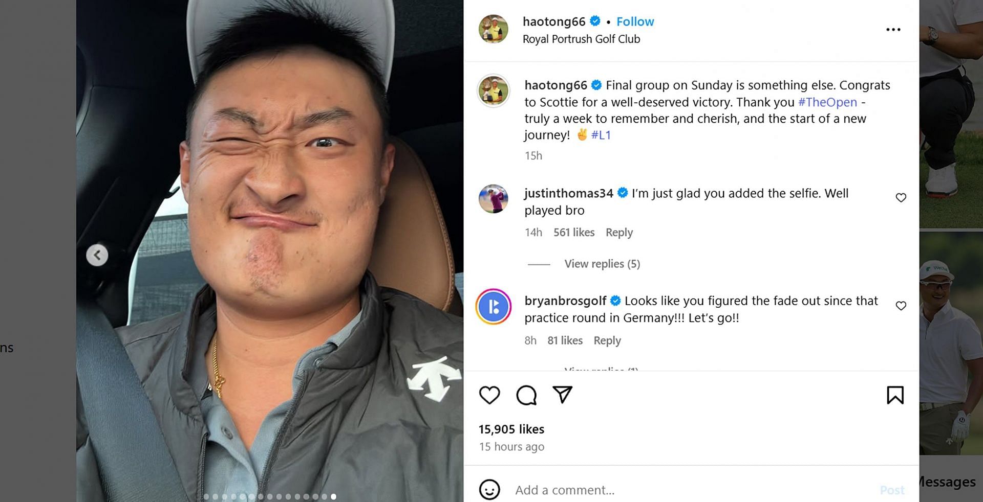 Justin Thomas reacted to Haotong Li&#039;s post/@haotong66