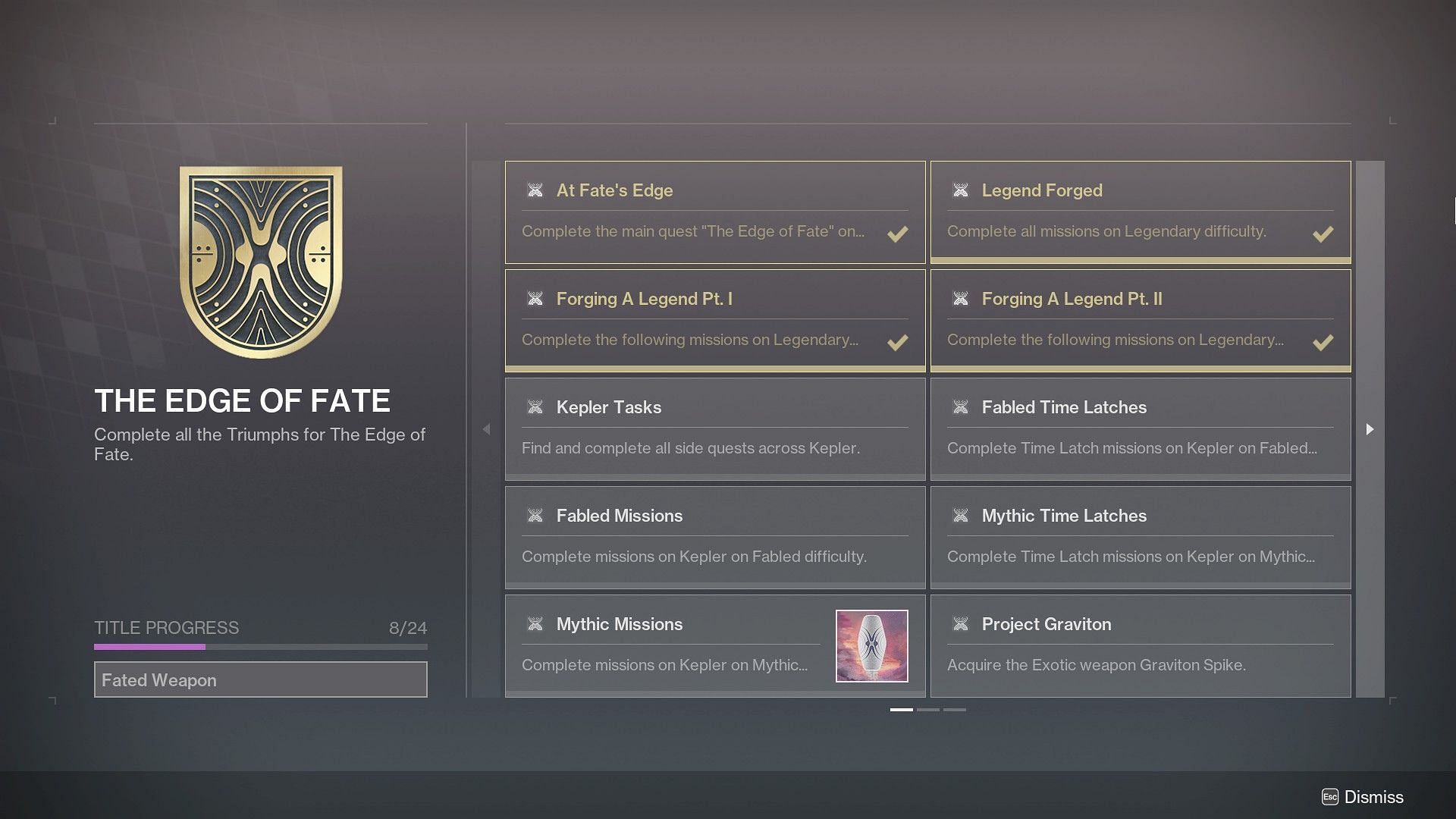Fated Weapon title objectives in Destiny 2 (Image via Bungie)