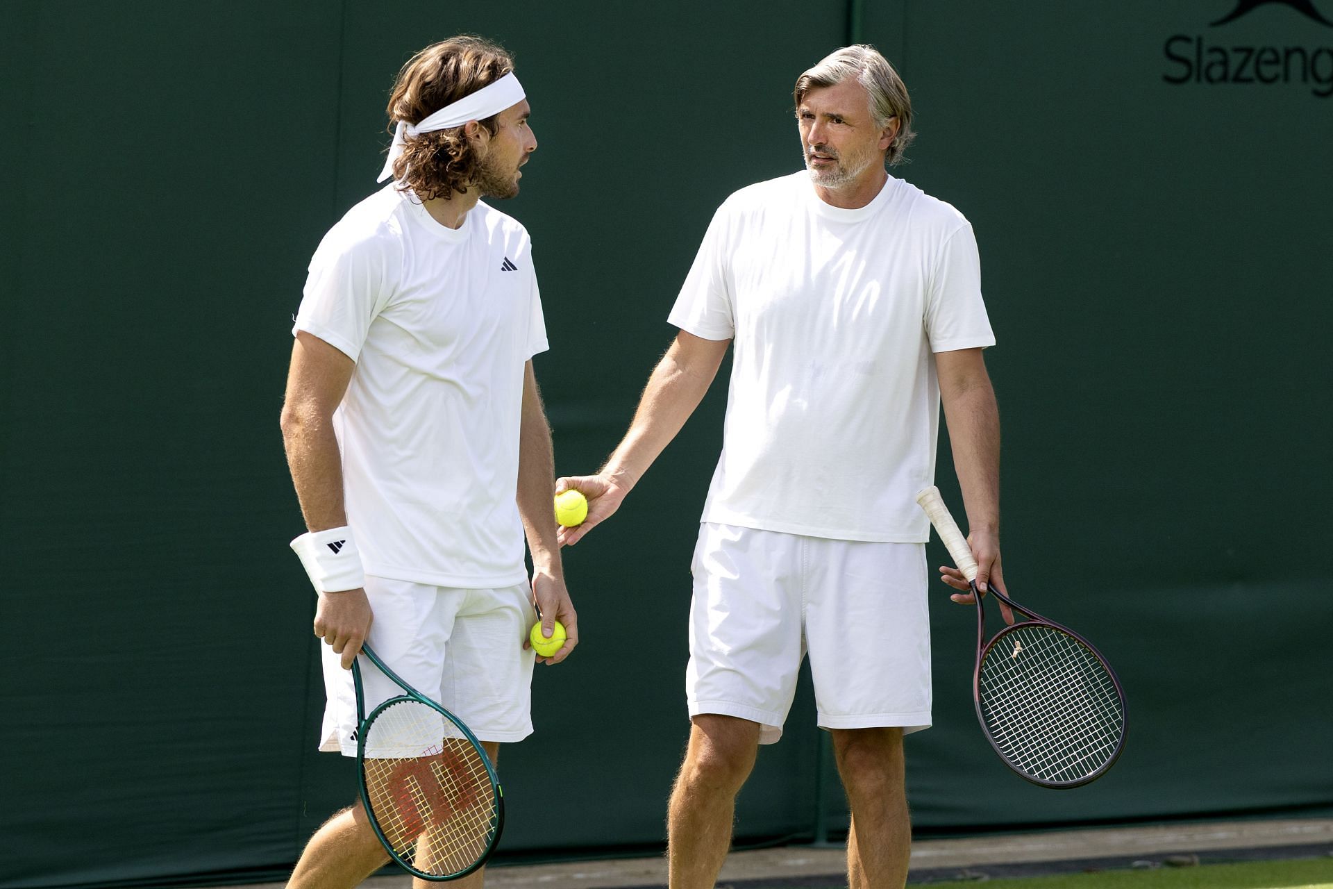 Stefanos Tsitsipas (left) and Goran Ivanisevic (right) during a practice session at the 2025 Wimbledon Championships (Source: Getty)