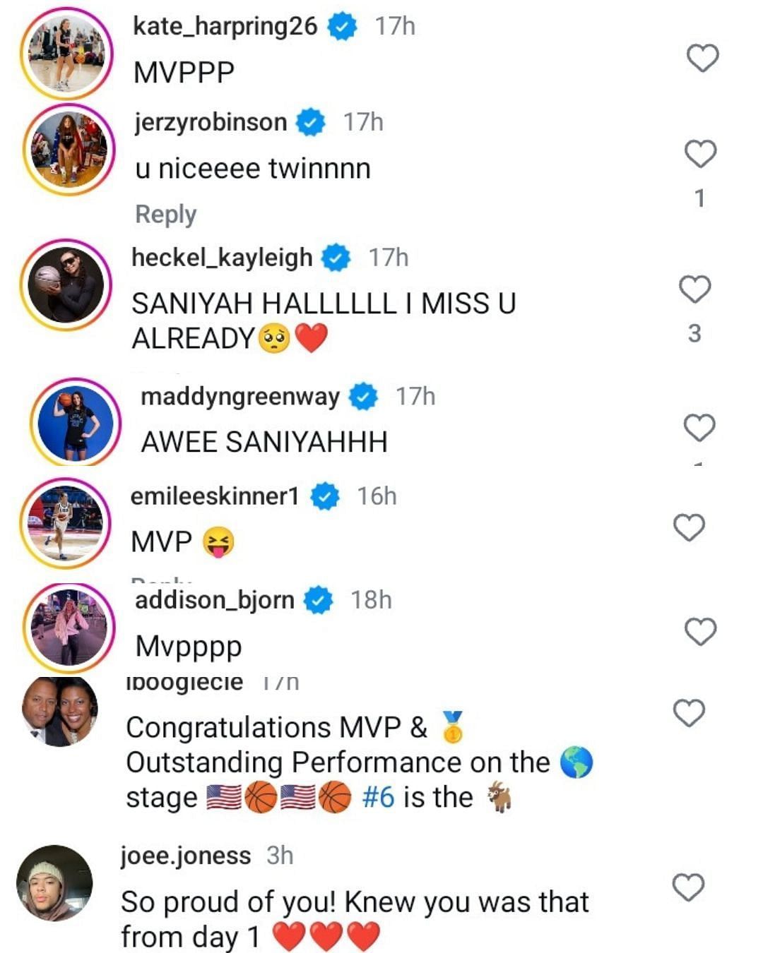 Kate Harpring, Jerzy Robinson, Kayleigh Heckel &amp; others react as FIBA U19 MVP Saniyah Hall shares favorite moments from World Cup. (Images via Instagram @saniyahhall_)