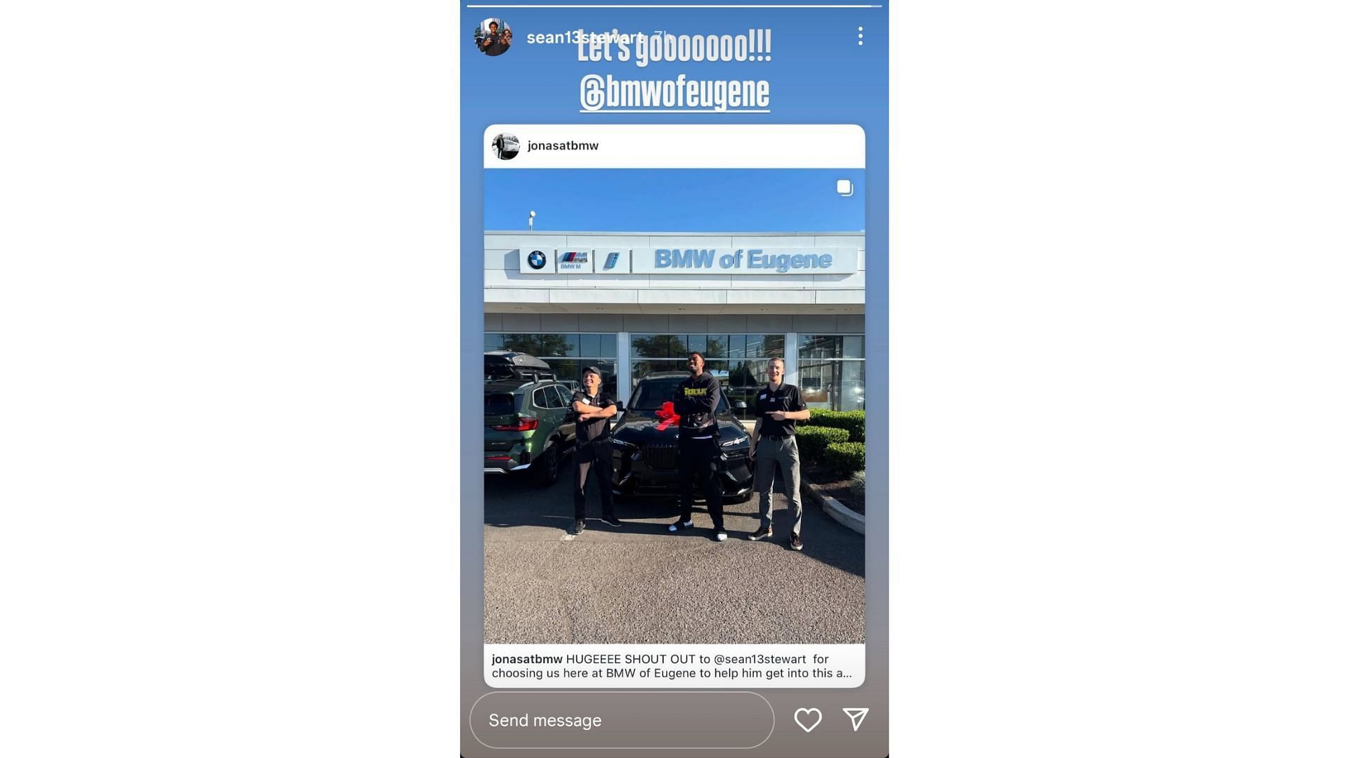 Sean Stewart reacted to an Instagram post from Jonas Spencer showing his BMW purchase. Source: Instagram/@sean13stewart