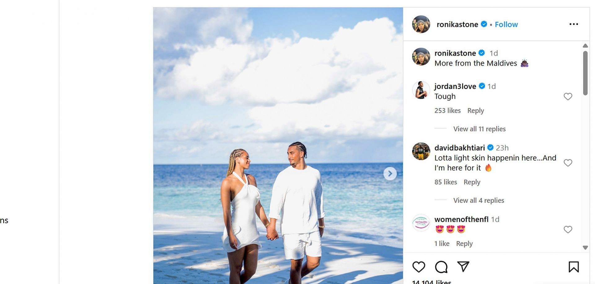David Bakhtiari drops hilarious reaction as Jordan Love and Ronika Stone share unseen honeymoon/@ronikastone