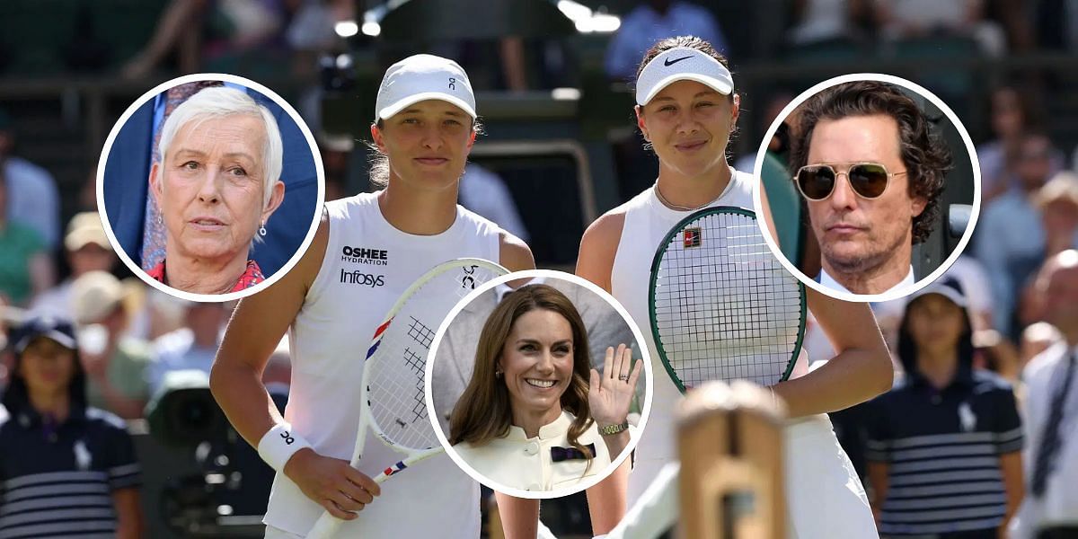 Iga Swiatek and Amanda Anisimova (background), Martina Navratilova (left inset), Catherine, Princess of Wales (bottom inset), Matthew McConaughey (right inset), Sources: Getty
