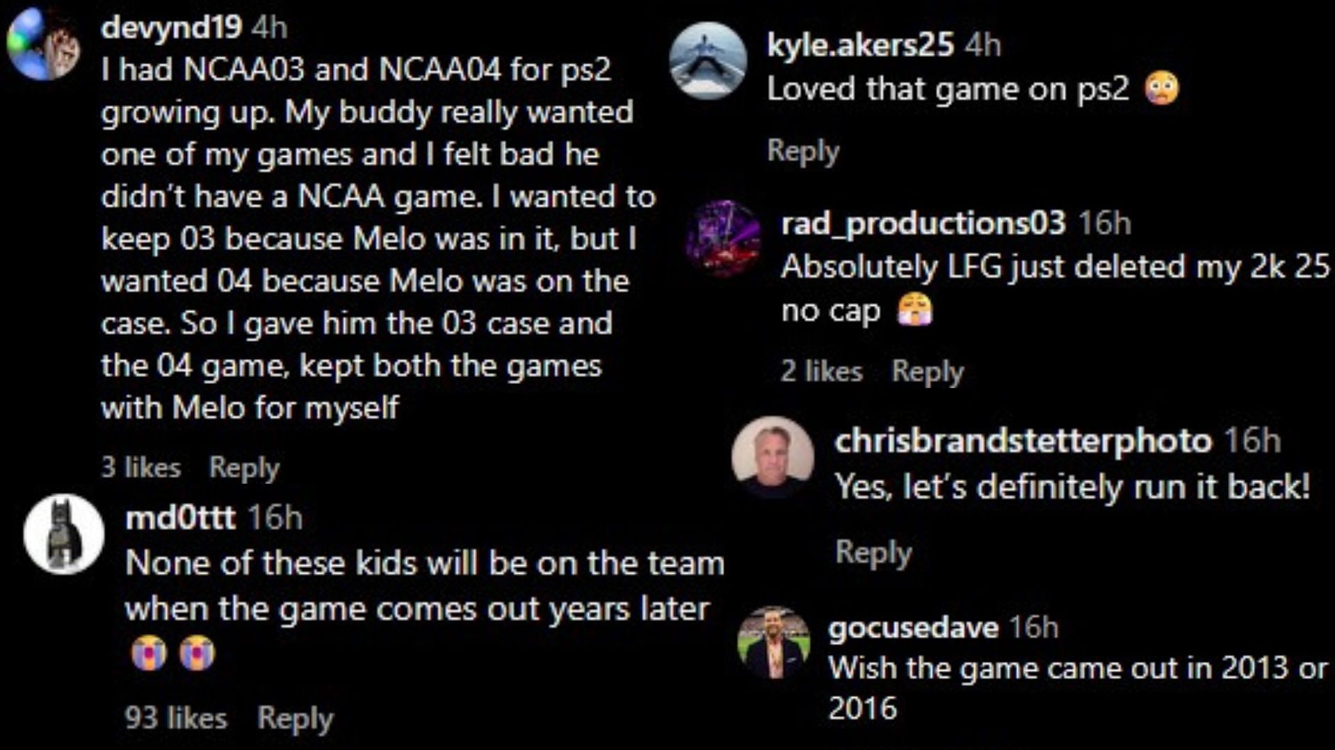 Fans comment on the return of EA College Basketball on Instagram/@cuse_mbb 