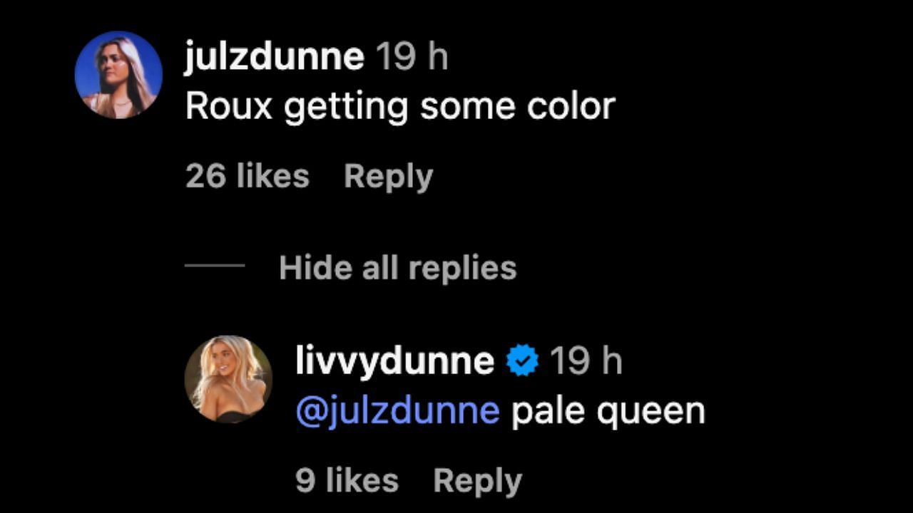 Screenshot of Julz Dunne&#039;s comment and Olivia Dunne&#039;s reply (Image from - Instagram.com/@livvydunne)