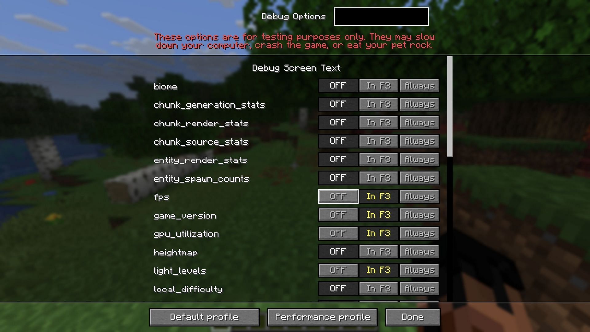 New debug screen settings allow players to either hide, show in the F3 menu, or always keep certain information (Image via Sportskeeda Gaming || Mojang Studios)