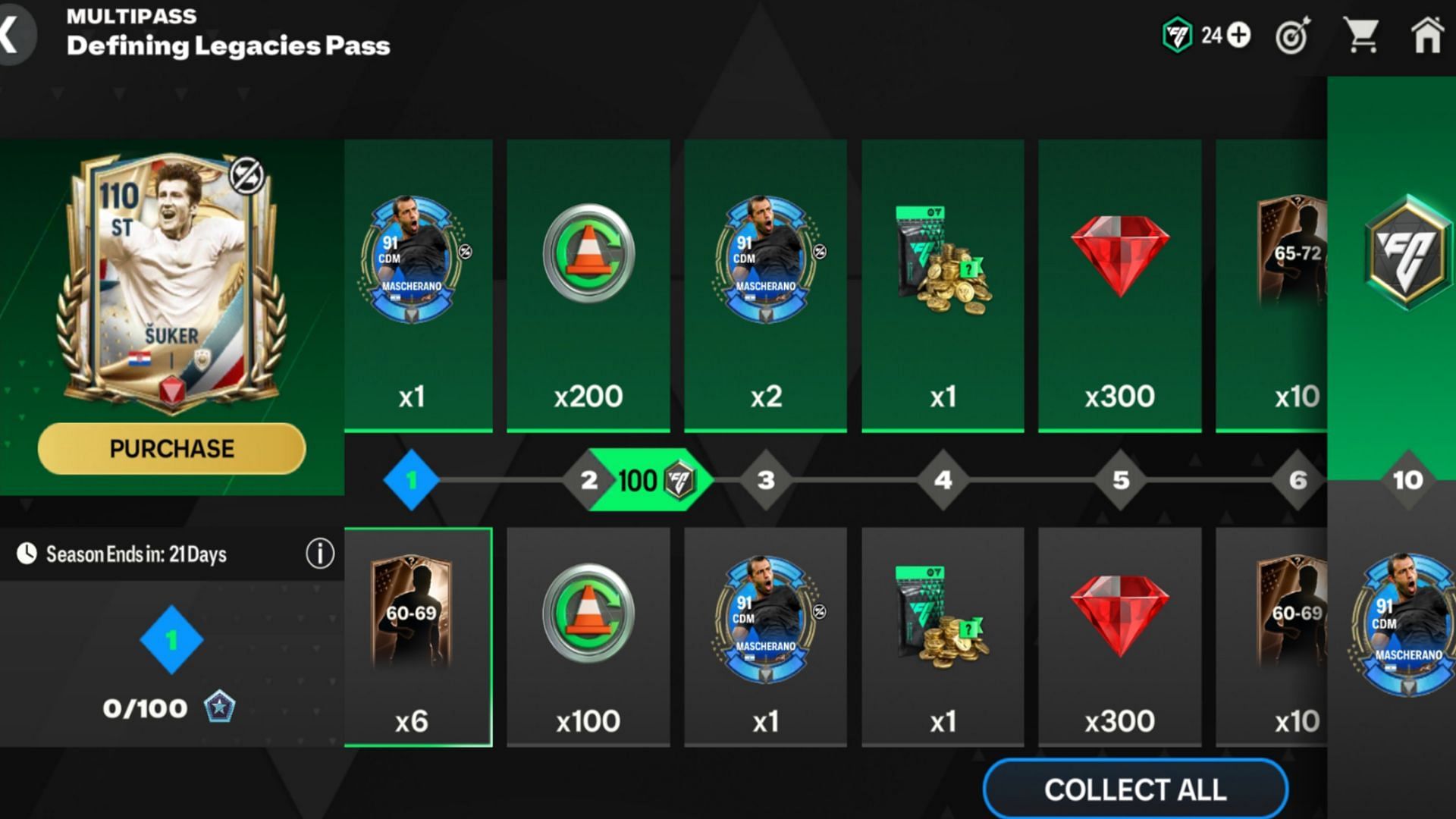 Snippet showing EA FC Mobile Defining Legacies mini pass rewards (Image via EA Sports)