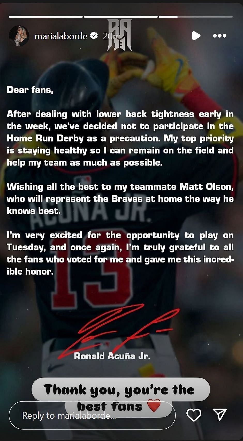 Ronald Acuna Jr.&rsquo;s wife, Maria Laborde, shows support for her husband&#039;s decision and reshared on her Instagram story (Via Instagram)