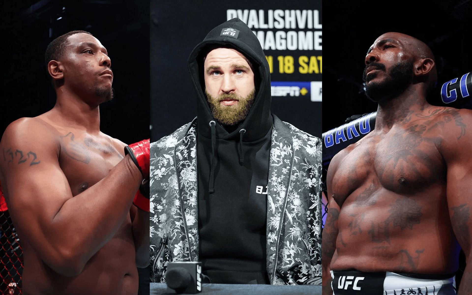 Jiri Prochazka (middle) talks about Jamahal Hill (left) vs. Khalil Rountree Jr. (right) fight at UFC Baku. [Images courtesy: Getty]