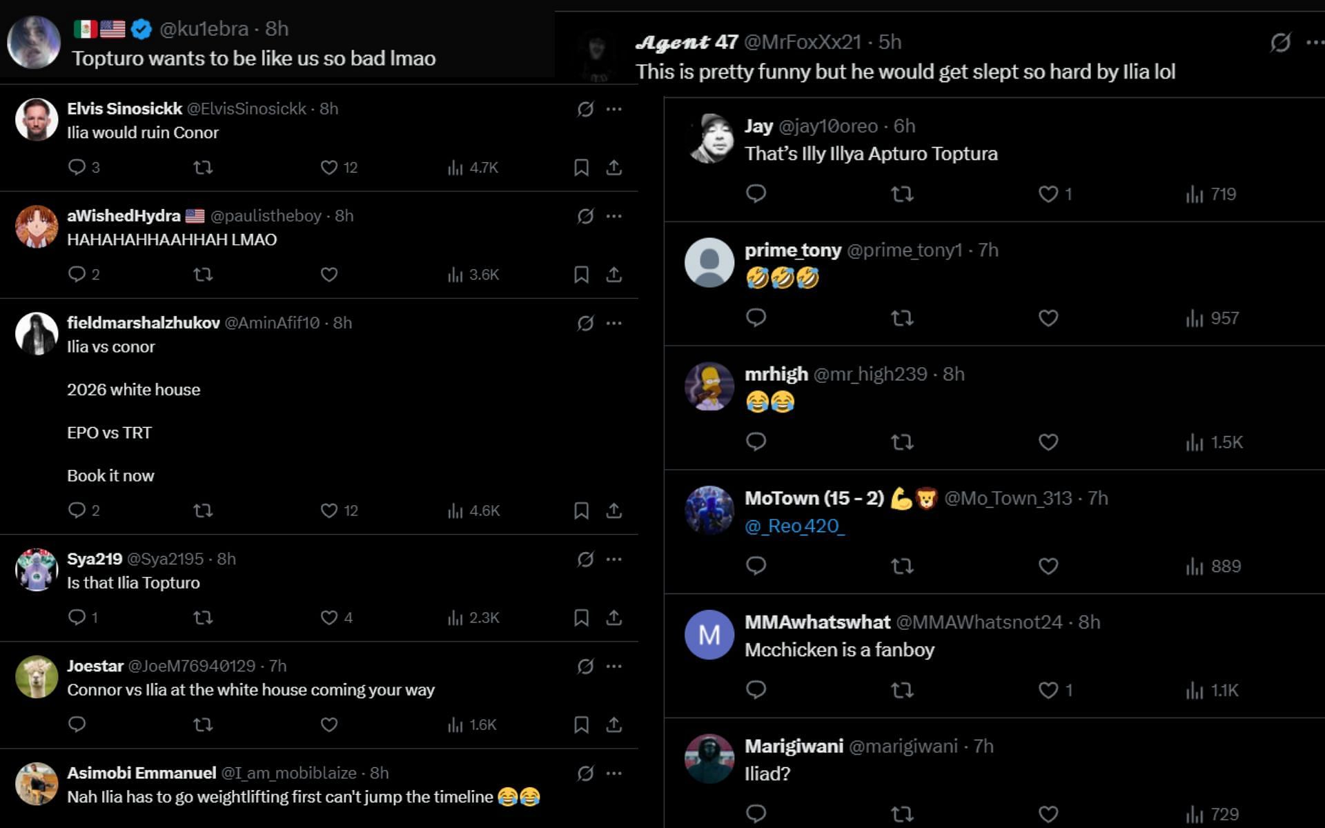 Fans react to Conor McGregor&#039;s new post trolling Ilia Topuria. [Screenshots courtesy: @ChampRDS on X]