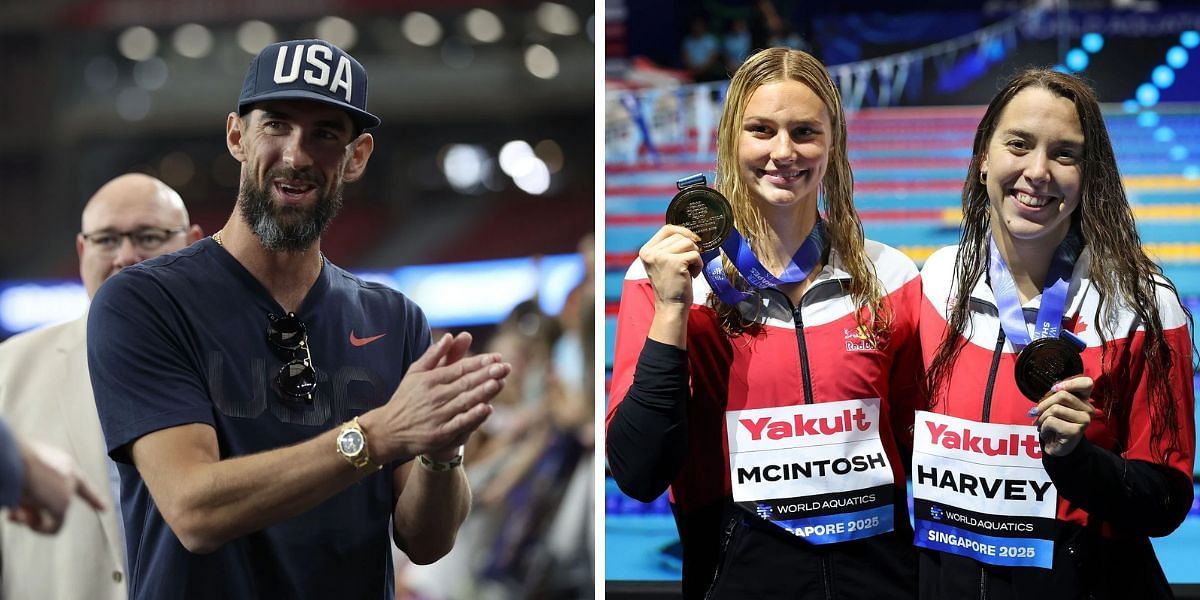 Michael Phelps reacts to Summer McIntosh sharing podium with fellow Canadian swimmer at World Championships. (Photo by Getty Images)