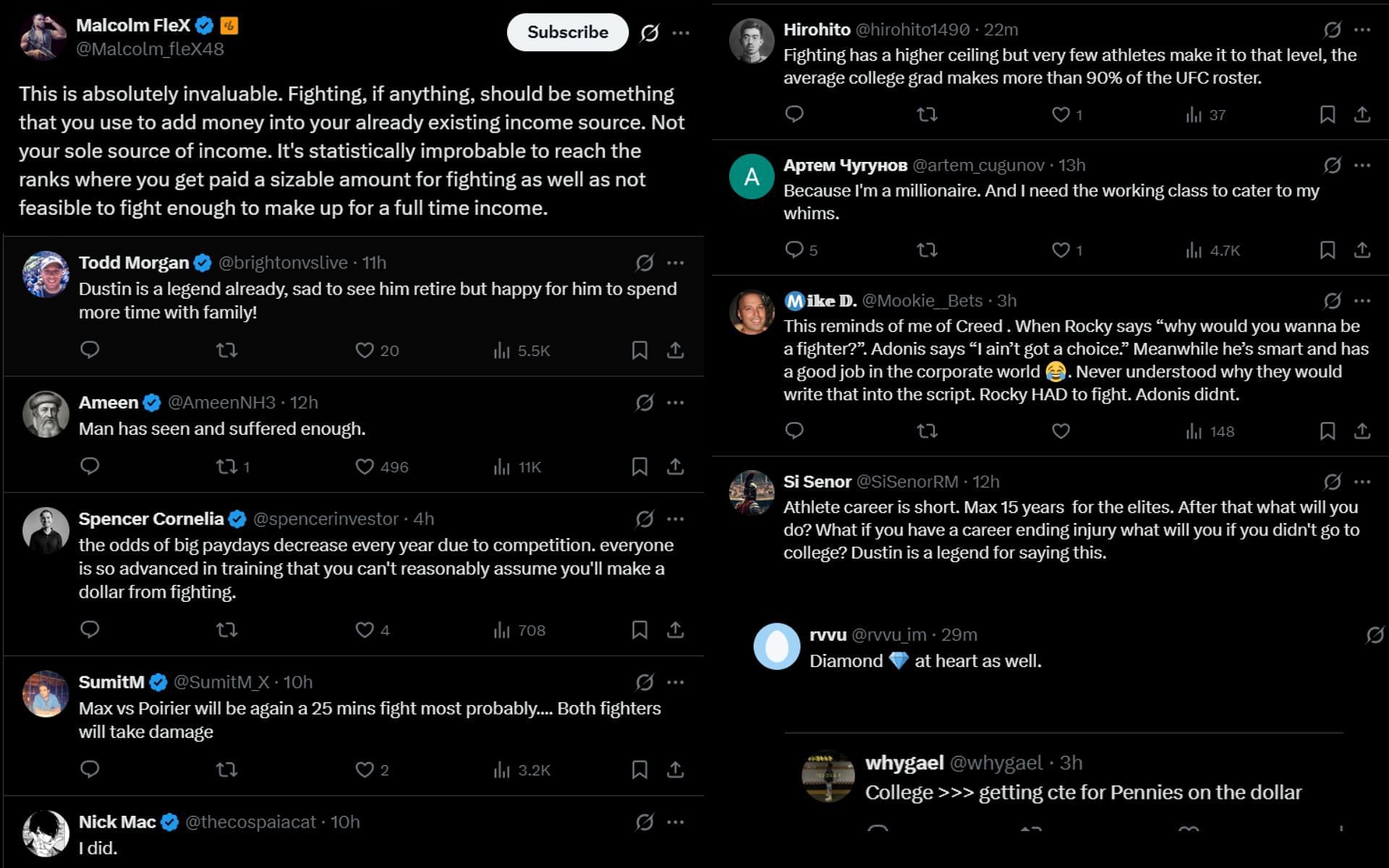 Fans react to Dustin Poirier&#039;s advise for aspiring fighters. [Screenshots courtesy: @ChampRDS on X]