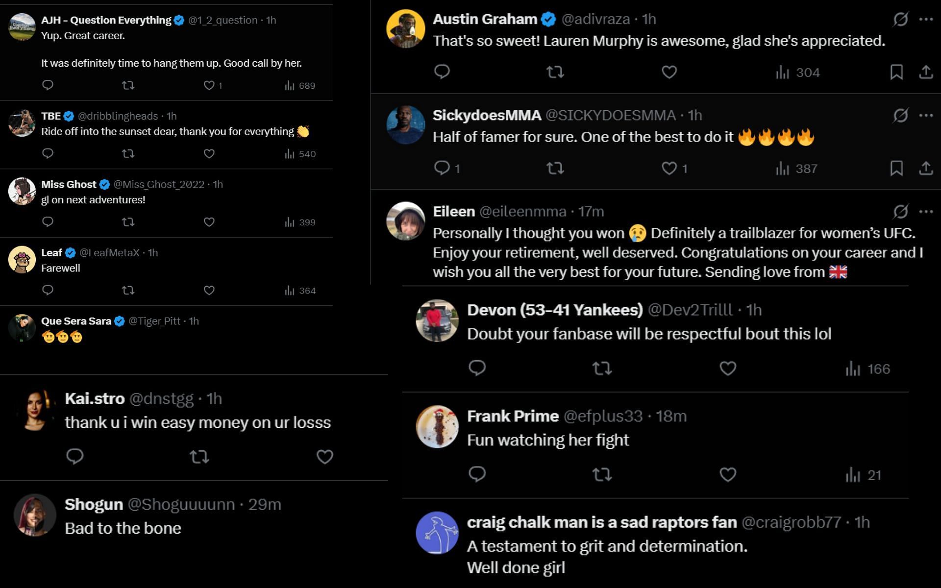 Fans react to Lauren Murphy retiring from the UFC. [Screenshots courtesy: @ufc on X]