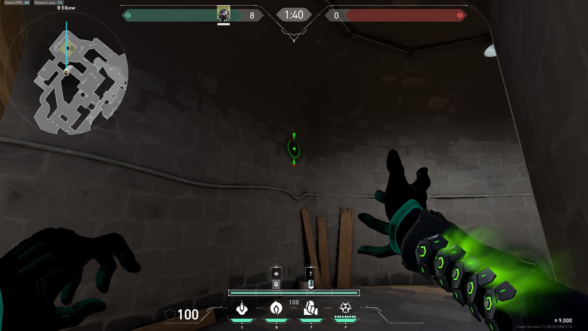 Stand close to B Elbow and train your aim as shown in the image (Image via Riot Games)