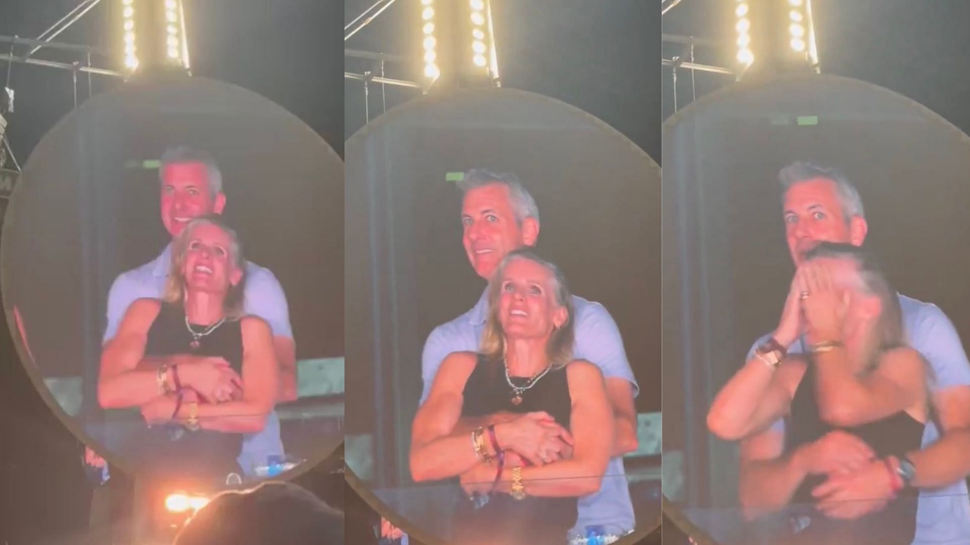 Screenshots of Andy Byron and Kristin Cabot captured during the Coldplay concert &quot;kiss cam&quot; (Image via X/@PopBase)