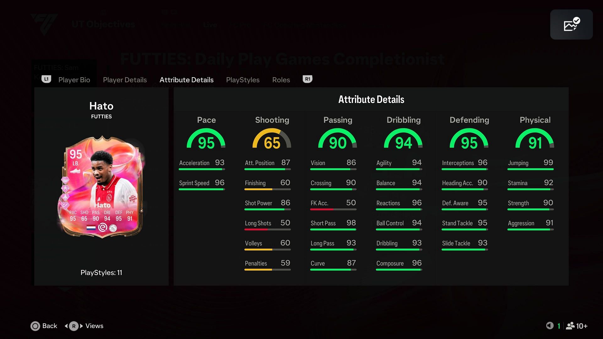 Stats of Jorrel Hato Futties in Ultimate Team. (Image via EA Sports || Sportskeeda Gaming)
