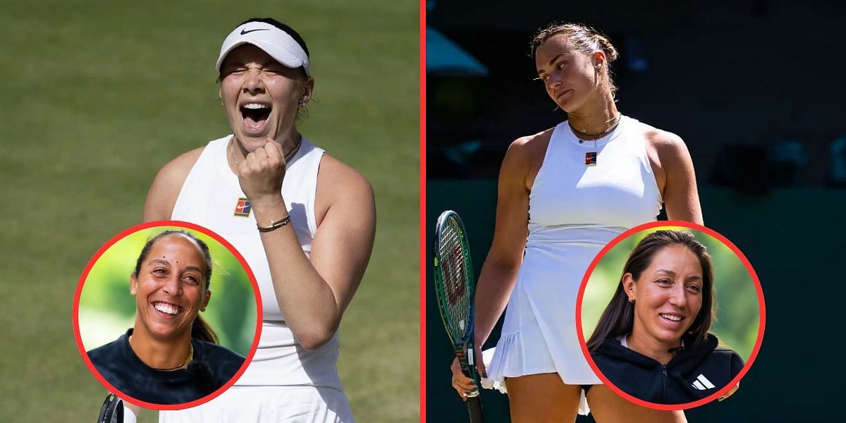Amanda Anisimova (left background), Madison Keys (left inset), Aryna Sabalenka (right background), Jessica Pegula (right inset), Sources: Getty