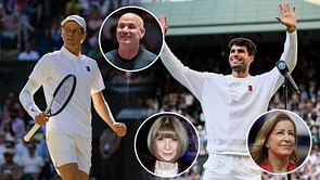 Celebrities in Royal box at Wimbledon today for Jannik Sinner vs Carlos Alcaraz final ft. Andre Agassi, Chris Evert, Keira Knightley & others