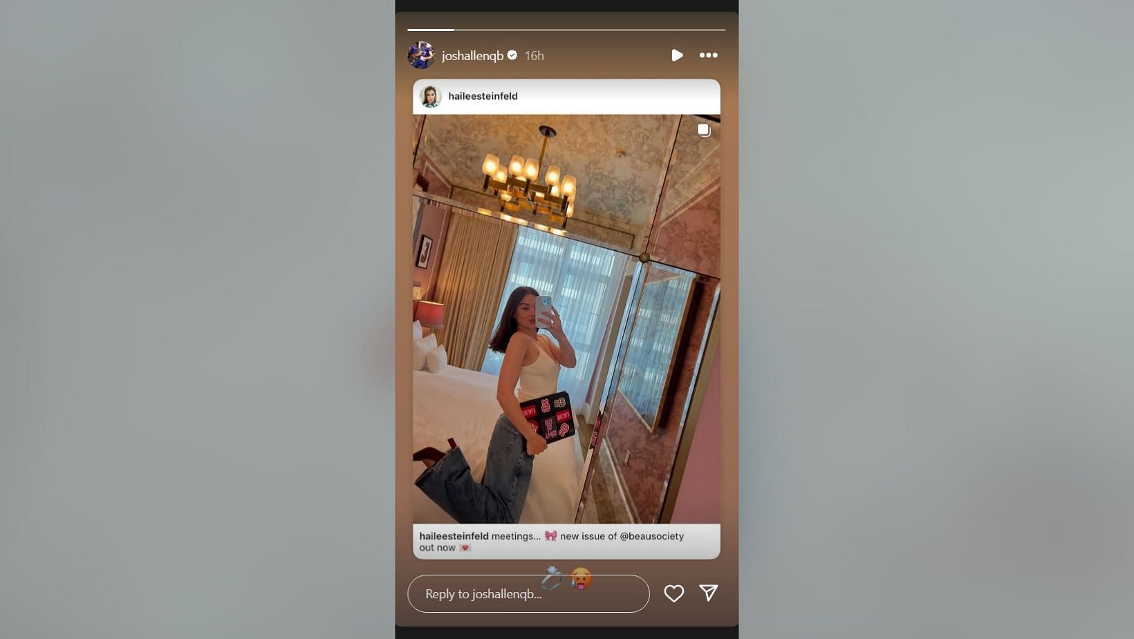 Josh Allen shares flirty reaction to wife Hailee Steinfeld&#039;s latest IG post (Image Credit: Allen/IG)