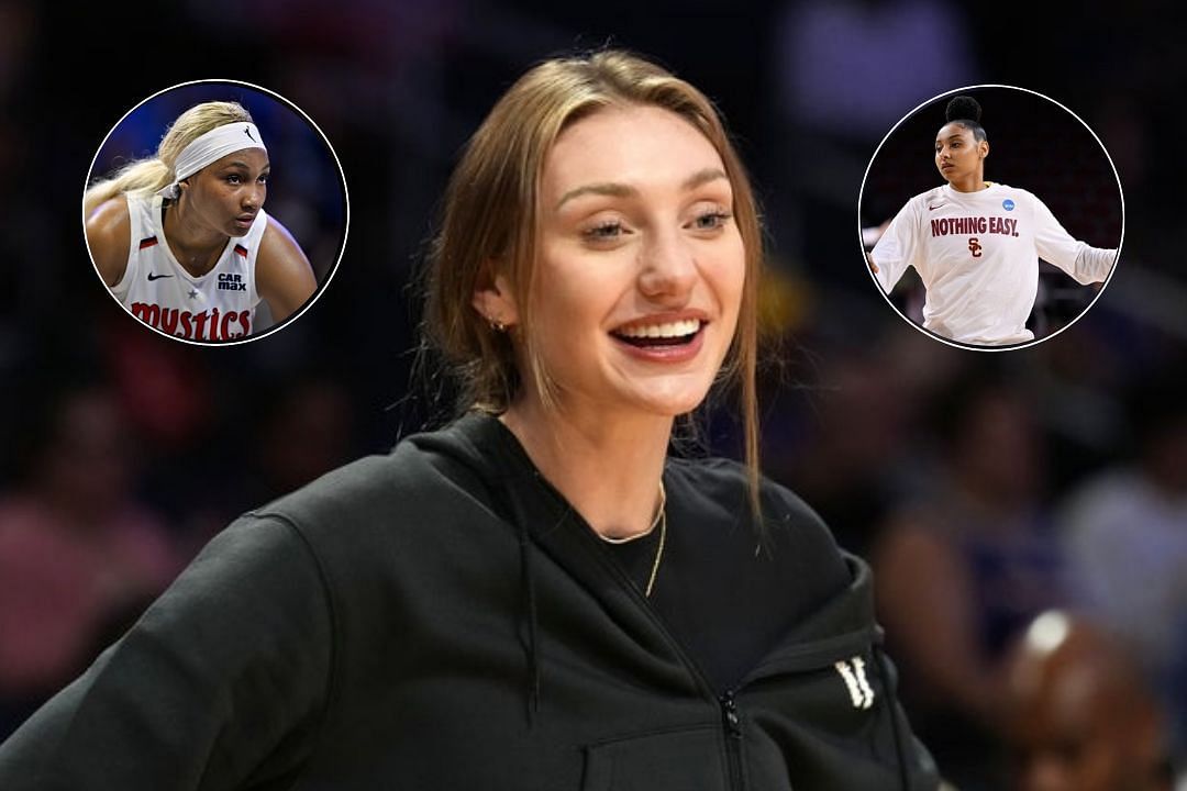 LA Sparks star Cameron Brink makes a courtside appearance at Crypto.com Arena during a WNBA game, USC Trojan star Juju Watkins star warms up during a NCAA game, Washington Mystics star Kiki Iriafen during a WNBA game   
