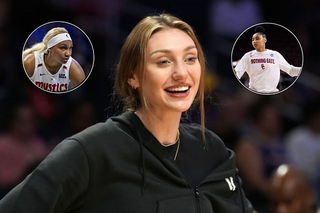 LA Sparks star Cameron Brink makes a courtside appearance at Crypto.com Arena during a WNBA game, USC Trojan star Juju Watkins star warms up during a NCAA game, Washington Mystics star Kiki Iriafen during a WNBA game   