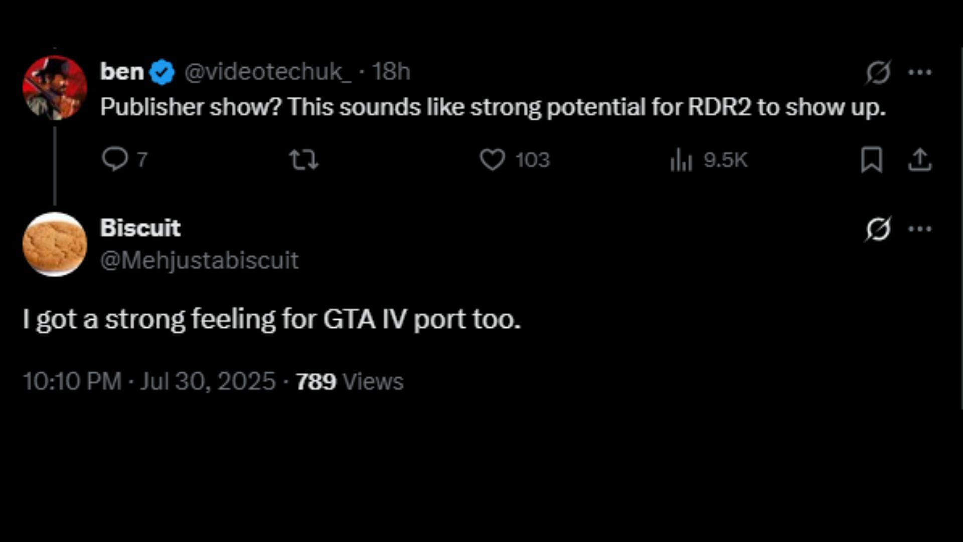 Fans expect to see Grand Theft Auto 4 and RDR2 at Nintendo Direct (Image via X)