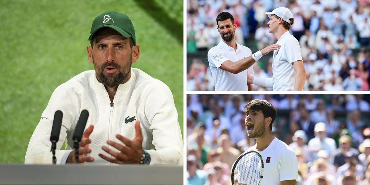 Novak Djokovic (left), Novak Djokovic and Jannik Sinner (top right), Carlos Alcaraz (bottom right), Sources: Getty