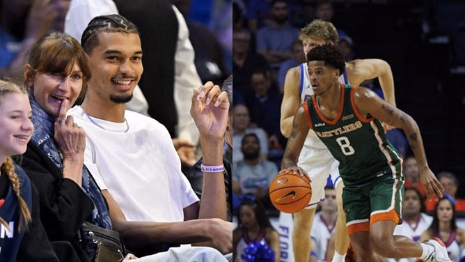 Shaq’s son Shaqir O’Neal reacts as Victor Wembanyama poses with a Jayson Tatum look-alike